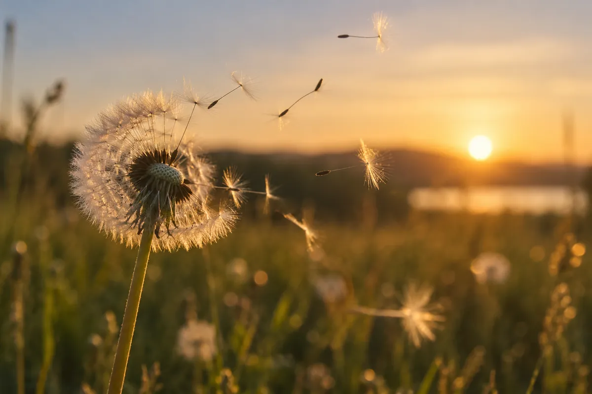 Un pissenlit dont les graines s’envolent dans la lumière dorée du soir