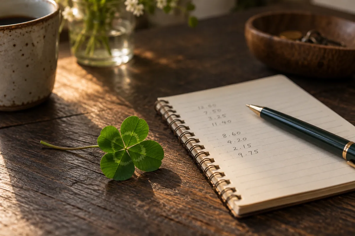 Un trèfle à quatre feuilles posé à côté d’un carnet de calculs et d’un stylo